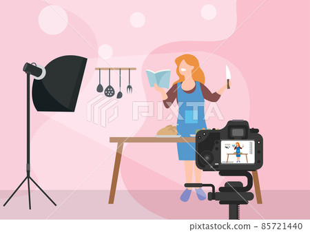 food blogger woman in kitchen apron holding knife and have fried chicken in the tray Using camera on tripod. Light from softbox. Cooking blog or vlog concept. Flat style cartoon vector illustration. 85721440