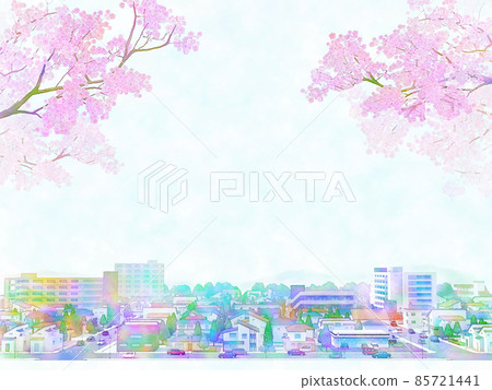 城市景觀和櫻花，水彩風格，手繪風格 85721441
