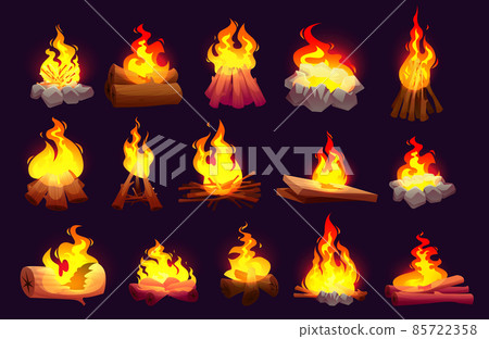 Set of burning fire flames, campfire with logs 85722358