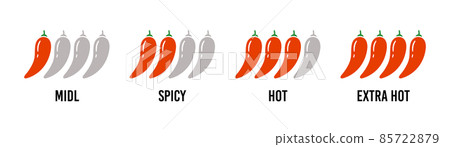 Spice level marks - mild, spicy, hot, extra hot. Red chili pepper. Spicy meter. Chili level icons set. Vector illustration isolated on white background Spice level marks - mild, spicy, hot, extra hot. Red chili pepper. Spicy meter. Chili level icons set. Vector illustration isolated on white background 85722879