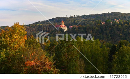Beautiful Autumn Landscape with Veveri Castle. Natural colorful scenery with sunset. Brno dam-Czech Republic-Europe. Beautiful Autumn Landscape with Veveri Castle. Natural colorful scenery with sunset. Brno dam-Czech Republic-Europe. 85722933