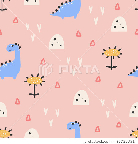 Cute dinosaur pattern - hand drawn childish dinosaur seamless pattern design Cute dinosaur pattern - hand drawn childish dinosaur seamless pattern design 85723351