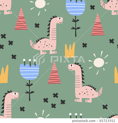 Cute dinosaur pattern - hand drawn childish dinosaur seamless pattern design Cute dinosaur pattern - hand drawn childish dinosaur seamless pattern design 85723352