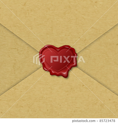 Vector 3d Realistic Vintage Heart Shaped Red Stamp, Wax Seal and Brown Textured Envelope. Sealing Wax, Stamp, Label for Quality Certificate, Document, Letter, Envelope. Valentine Day, Love Concept 85723478