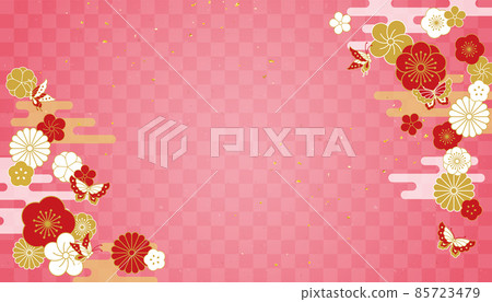 可用於新年等的日本圖案背景。梅花、雲彩和蝴蝶 85723479