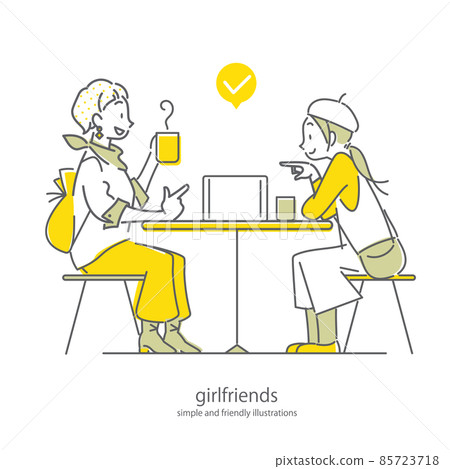 A simple and stylish line drawing illustration of a woman pointing at the screen of a mobile tablet at a cafe A simple and stylish line drawing illustration of a woman pointing at the screen of a mobile tablet at a cafe 85723718
