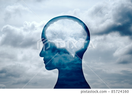大腦迴路和意識的圖像。人頭剪影和雲彩。 大腦迴路和意識的圖像。人頭剪影和雲彩。 85724160
