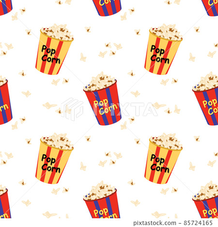 Bright seamless pattern with a festive box with popcorn. Print for cinema, theatre, film industry and holidays. Bright seamless pattern with a festive box with popcorn. Print for cinema, theatre, film industry and holidays. 85724165