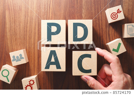 在 PDCA 循環中思考的圖像。通過排列印有字母的塊來使用“PDCA”一詞。 85724170