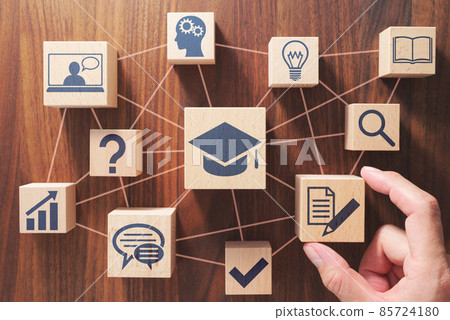An image of thinking about how to study and learn effectively. Place the building blocks with the icon. A bird's-eye view of a wooden table. 85724180