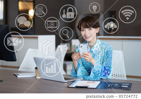 Business woman operating a smartphone in the office Photo cooperation: WEEK Shibadaimon (Sun Frontier Fudousan) 85724772
