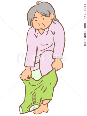 Dementia, apraxia, an elderly woman trying to wear a T-shirt like trousers 85724935