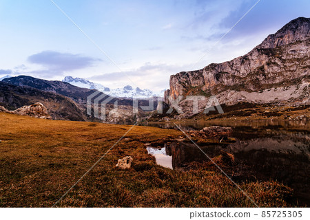 View of lakes of Covadonga sunset. Asturias, Spain View of lakes of Covadonga sunset. Asturias, Spain 85725305