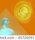 Contemporary collage. Sculpture of a woman and the sun on an abstract orange background. 85726091