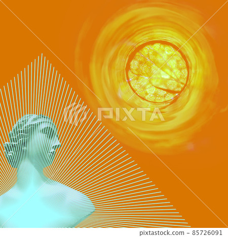 Contemporary collage. Sculpture of a woman and the sun on an abstract orange background. 85726091