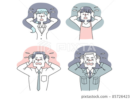 一組在強烈壓力狀態下頭部有問題的人 白色背景上的矢量暖手繪人物插圖 85726423