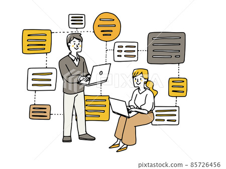 A warm hand-drawn illustration of a male and female team involved in software development and web programming 85726456