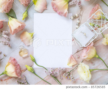 Blank paper card between pink flowers and petals top view 85726585
