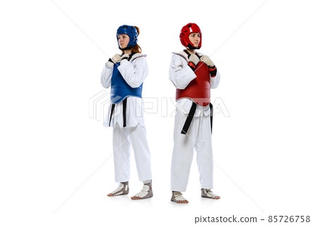 Studio shot of of two young women, taekwondo athletes practicing together isolated over white background. Concept of sport, skills 85726758