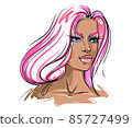 Abstract African-American model fashion illustration. Hand-drawn modern fashion illustration of a girl model with pink hair. Fashion pink makeup illustration 85727499