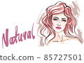 Beautiful young woman drawing sketch. Hand-drawn modern fashion illustration of a girl model art portrait. Natural text. Stylish art sketch. Beauty and style of drawing. Beauty background 85727501