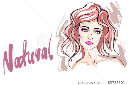 Beautiful young woman drawing sketch. Hand-drawn modern fashion illustration of a girl model art portrait. Natural text. Stylish art sketch. Beauty and style of drawing. Beauty background 85727501