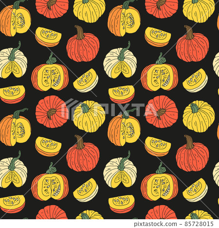 Seamless pattern with hand drawn pumpkins. Black background. Seamless pattern with hand drawn pumpkins. Black background. 85728015