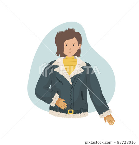 Vector illustration of a girl in a winter sheepskin coat with fur. Winter clothing. Vector illustration of a girl in a winter sheepskin coat with fur. Winter clothing. 85728016
