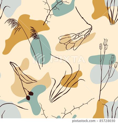 Modern abstract geometric shapes and botanical line drawings seamless pattern. Modern abstract geometric shapes and botanical line drawings seamless pattern. 85728030