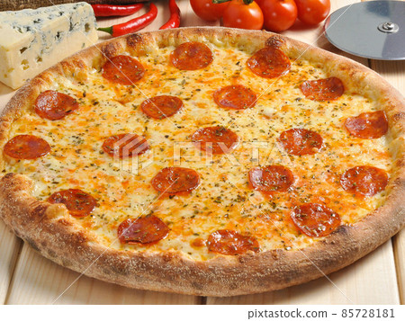 spicy pizza with chorizo and cheese with mold 85728181