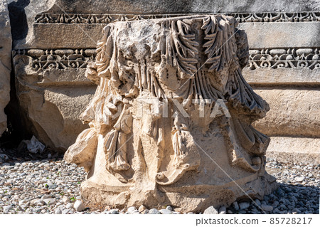 capitals of antique column stacked at archaeological site in Myra, Turkey 85728217