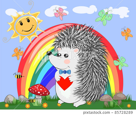 Lovely cartoon hedgehog near the seven-colored rainbow in a clear, sunny cheer, a summer day 85728289