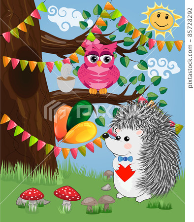 The hedgehog in the forest glade. The concept of art, love. Owl on a tree branch The hedgehog in the forest glade. The concept of art, love. Owl on a tree branch 85728292