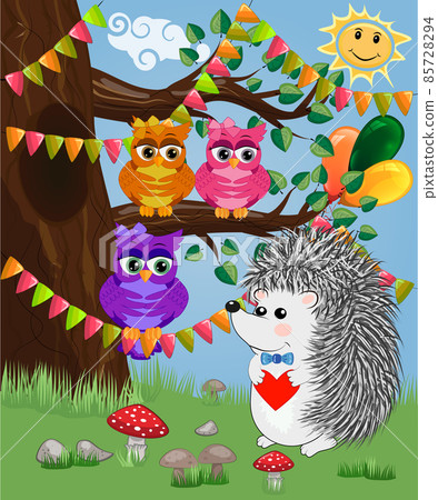 The hedgehog in the forest glade. The concept of art, love. Owl on a tree branch 85728294