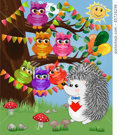 The hedgehog in the forest glade. The concept of art, love. Owl on a tree branch The hedgehog in the forest glade. The concept of art, love. Owl on a tree branch 85728296