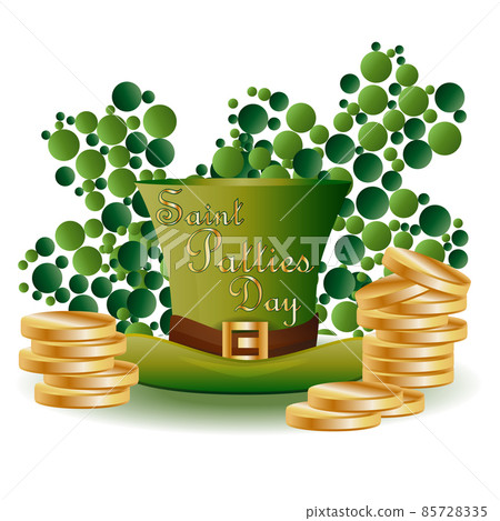 St. Patrick's card with two green leaf clover consisting of circles, a green hat and piles of gold coins, Inscription - Saint Patties Day St. Patrick's card with two green leaf clover consisting of circles, a green hat and piles of gold coins, Inscription - Saint Patties Day 85728335
