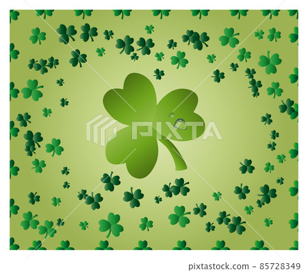 Greeting card of St. Patrick with sparkling green leaves of clover, and with green clover leaf consisting of circles Greeting card of St. Patrick with sparkling green leaves of clover, and with green clover leaf consisting of circles 85728349