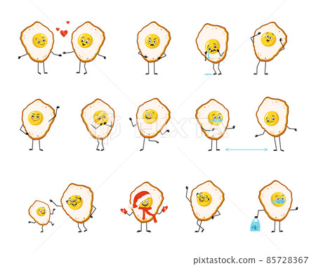 Cute character scrambled egg with yolk and protein with happy or sad emotion, panic, loving or brave face, hands and legs. Fun food breakfast person with mask, glasses or hat. Vector flat illustration Cute character scrambled egg with yolk and protein with happy or sad emotion, panic, loving or brave face, hands and legs. Fun food breakfast person with mask, glasses or hat. Vector flat illustration 85728367