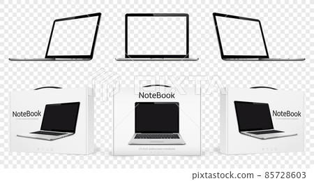 Laptop mock up with transparent screen and new notebook computers in boxes isolated Laptop mock up with transparent screen and new notebook computers in boxes isolated 85728603