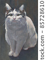 Calico cat with green eyes on dark barground. Oil painting illustration of sitting kitten. 85728610
