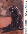 Oil painting illustration of black cat sitting and staring at own shadow. 85728617