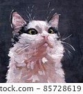 Oil paint illustration of black and white cat with green eyes. Kitten portrait on dark background. 85728619