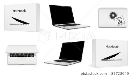 Laptops with cardboard boxes in different positions isolated Laptops with cardboard boxes in different positions isolated 85728649