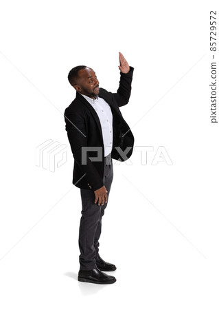 Full-length portrait of business coach giving high five isolated over white background 85729572