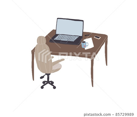 Flat cartoon laptop on work desk,electronic equipment,furniture and office interior elements vector illustration concept Flat cartoon laptop on work desk,electronic equipment,furniture and office interior elements vector illustration concept 85729989