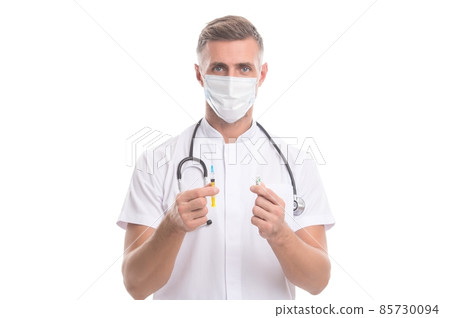 COVID-19 mRNA vaccine for emergency use. Physician hold syringe and ampule. Vaccine development COVID-19 mRNA vaccine for emergency use. Physician hold syringe and ampule. Vaccine development 85730094