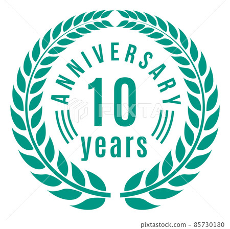 Anniversary ten years label. Decorative tag with laurel branches 85730180