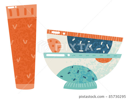 Ceramic bowls with glass pint. Decorative trendy dishware 85730295