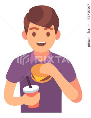 Guy eating fast food. Hungry man with burger 85730307