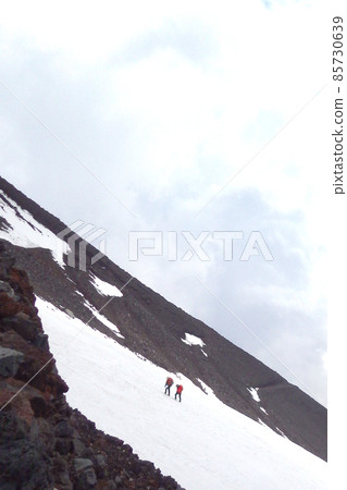 Snowy mountain climbing image: steep slopes of snowy mountains and climbers 85730639